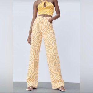 NWT!! Womens Zara High Rise Full Length Printed Jeans White-Orange